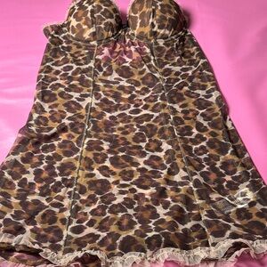 Leopard Lace-Trim Chemise Nightdress in Brown